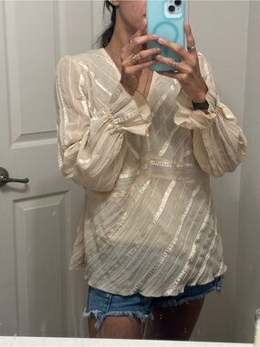 Vintage Women’s Cream Metallic Stripe Blouse